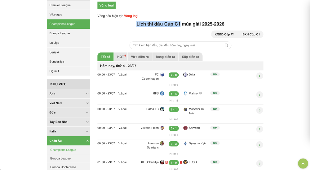 Xem Lịch thi đấu bóng đá tất cả các giải trong và châu Âu tại Bóng đá số