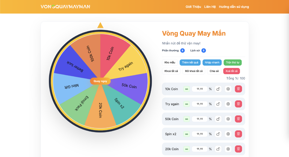 Giao diện của công cụ VongQuayMayMan.mobi