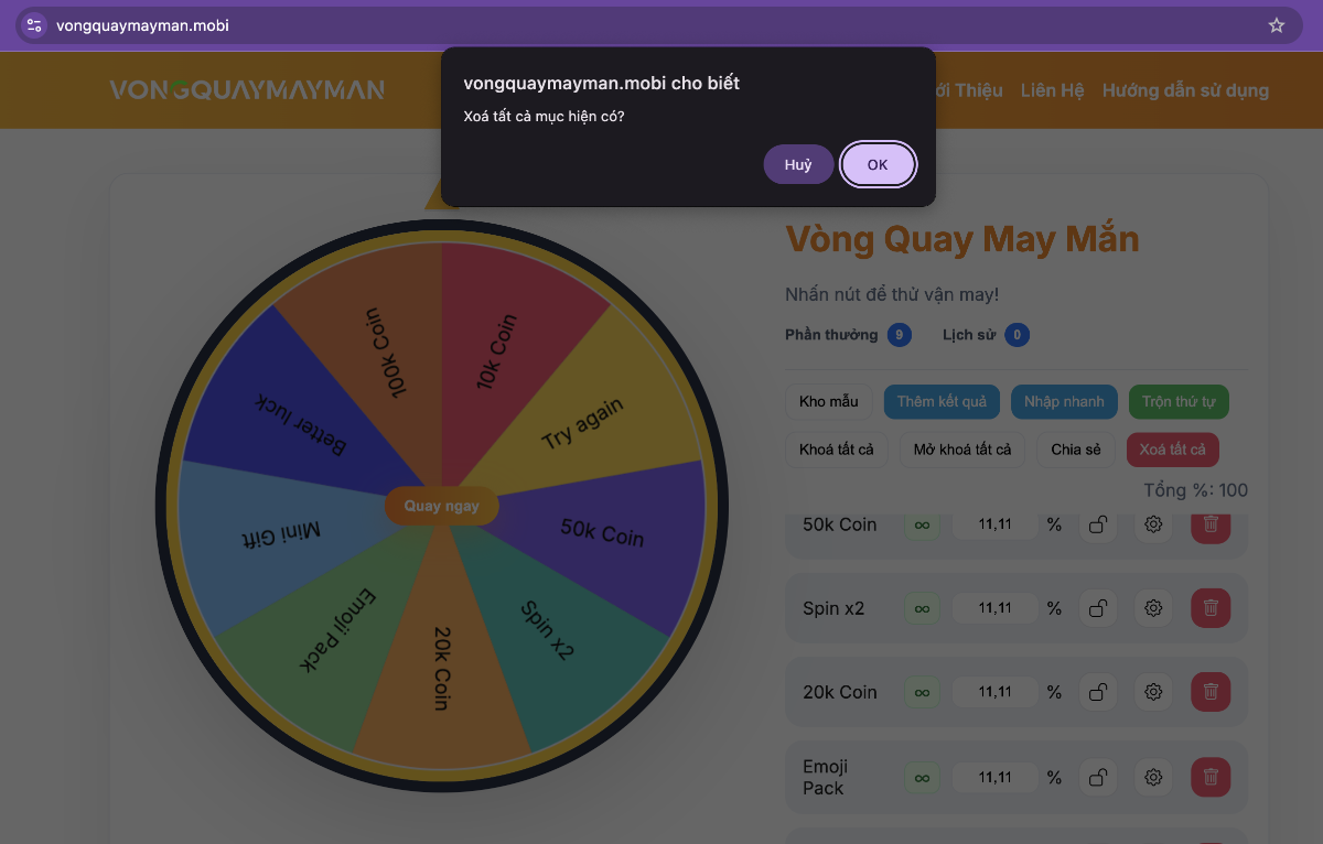 Xoá tất cả dữ liệu demo